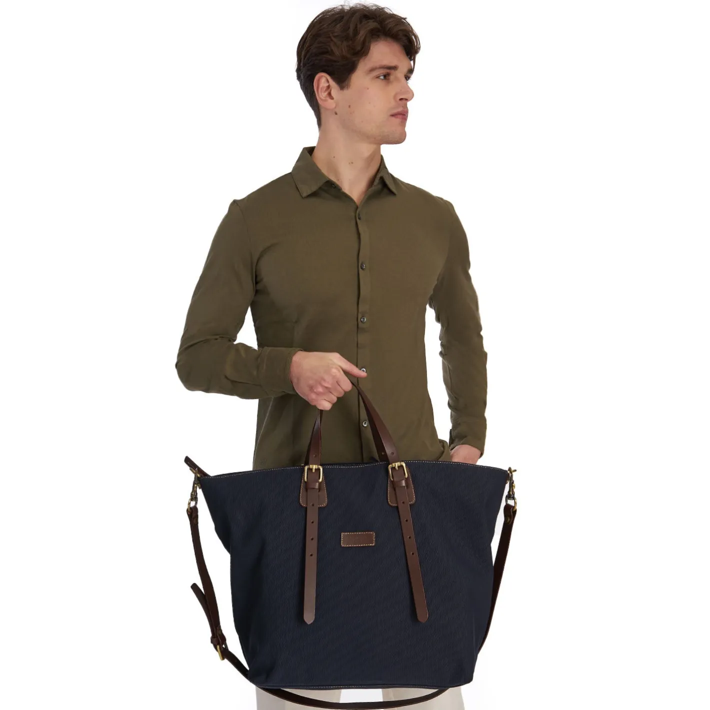 E.Marinella BORSA WEEKEND BLU SCURO In tela con rifinitute in pelle Discount