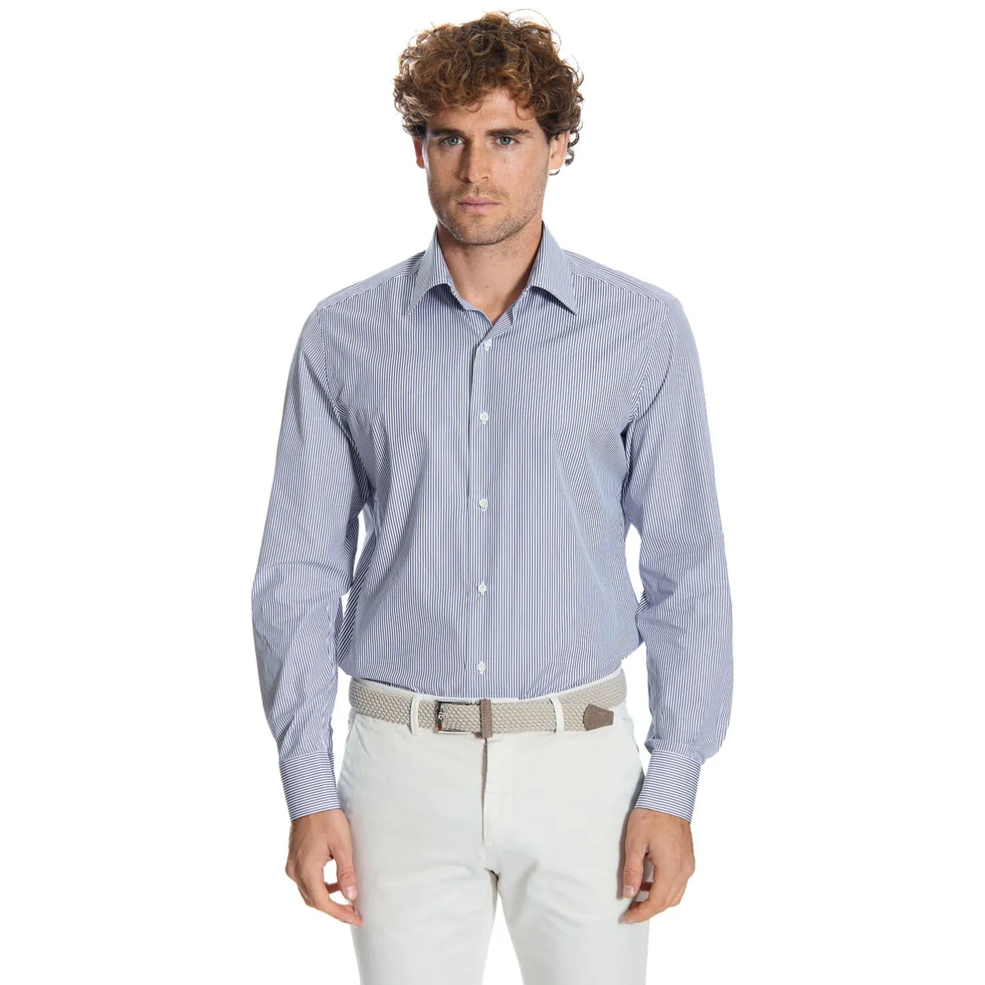 E.Marinella CAMICIA CLASSICA RIGHE BIANCO E BLU REGULAR In cotone popeline Outlet