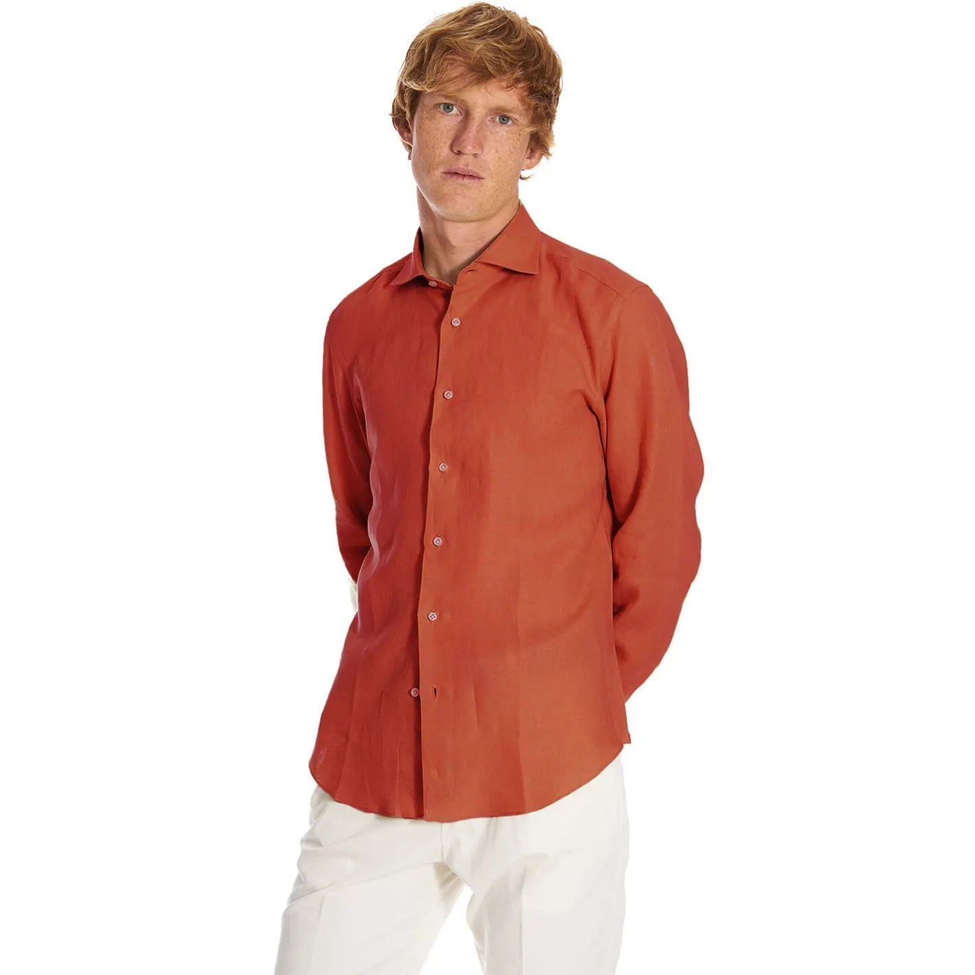 E.Marinella CAMICIA IN LINO ARANCIONE Con bottoni in madreperla Outlet