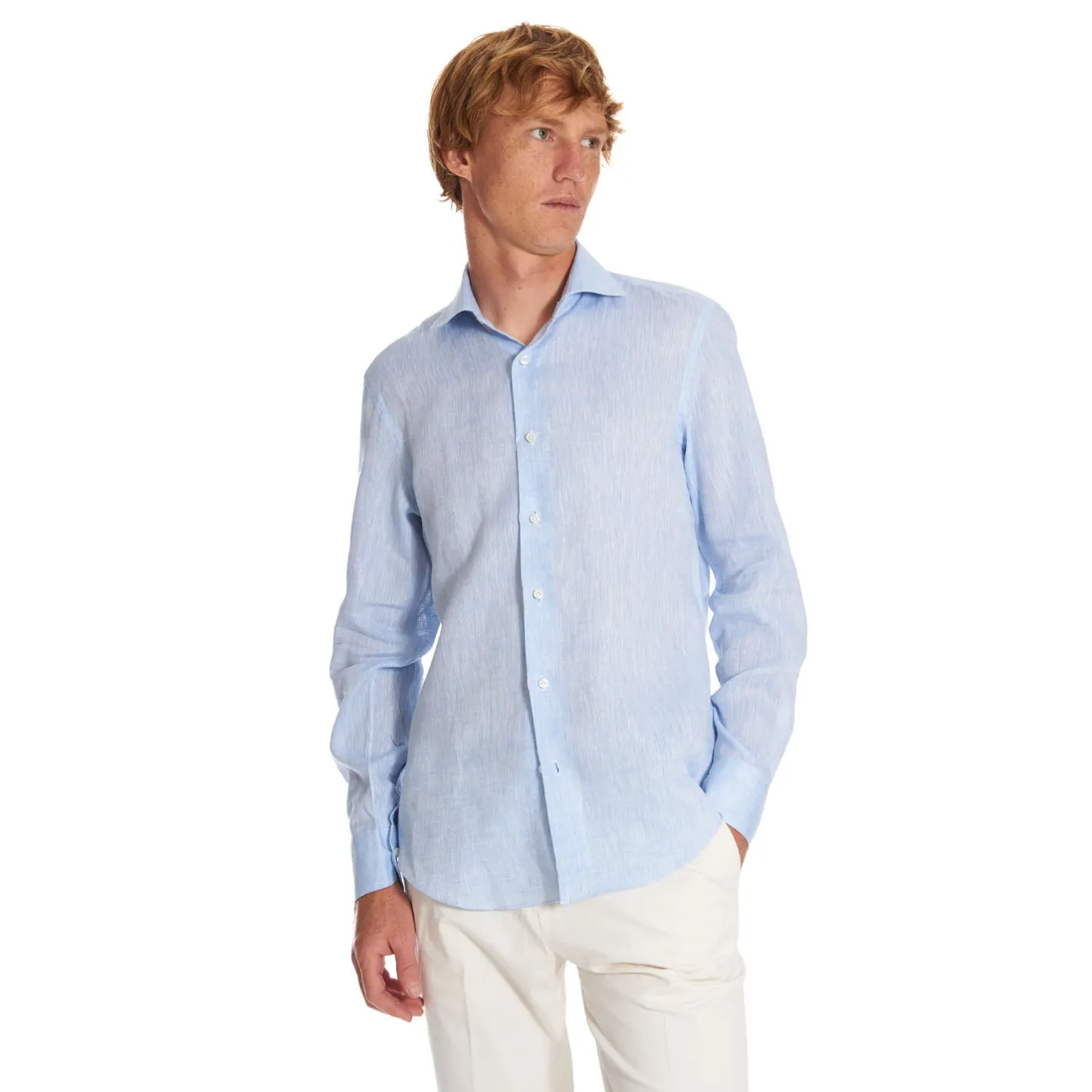 E.Marinella CAMICIA IN LINO AZZURRA Con bottoni in madreperla Online