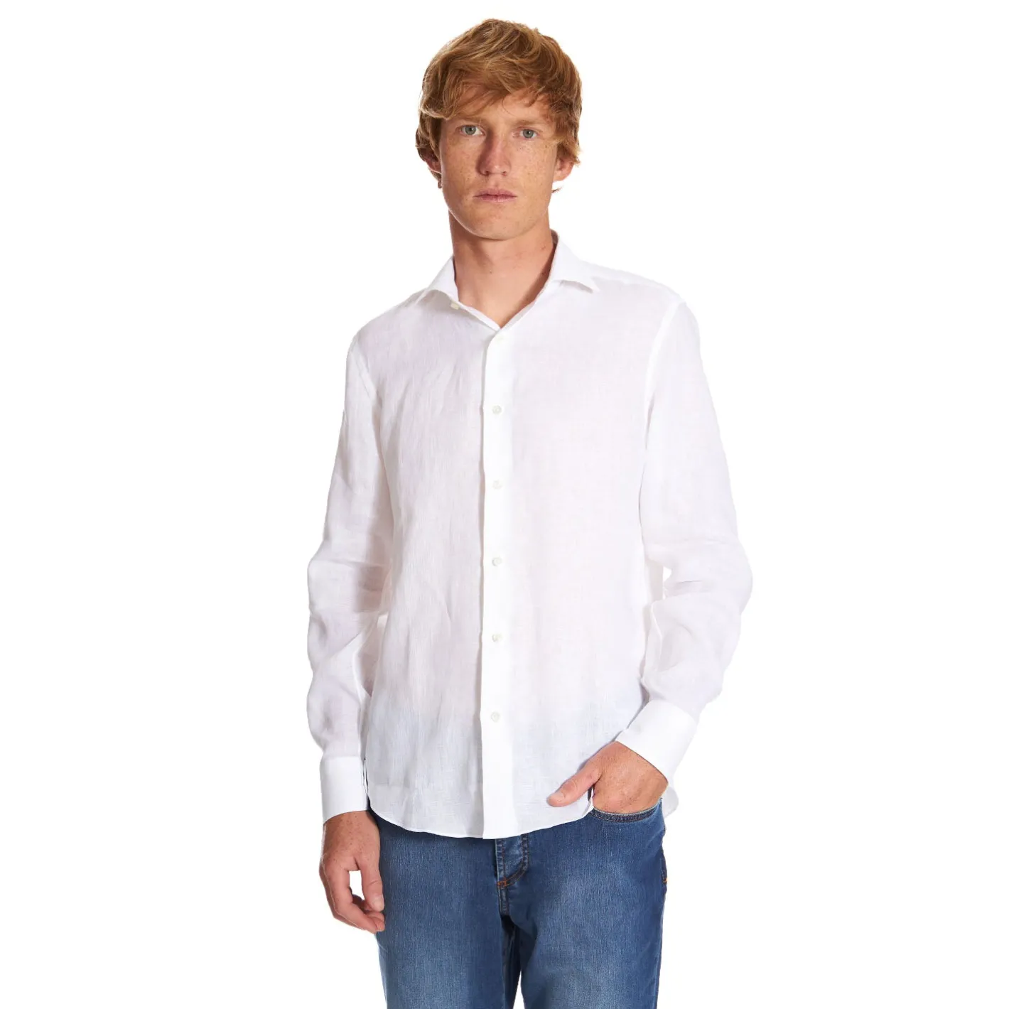 E.Marinella CAMICIA IN LINO BIANCA Con bottoni in madreperla Sale