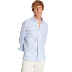E.Marinella CAMICIA IN LINO BIANCA E AZZURRA Rigata Outlet