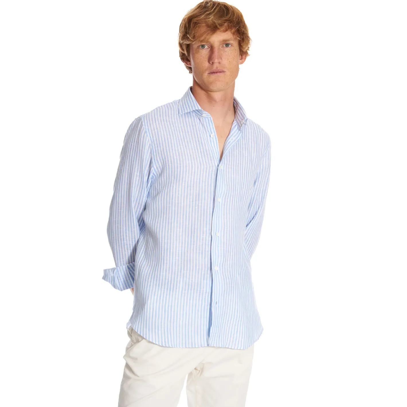 E.Marinella CAMICIA IN LINO BIANCA E AZZURRA Rigata Outlet
