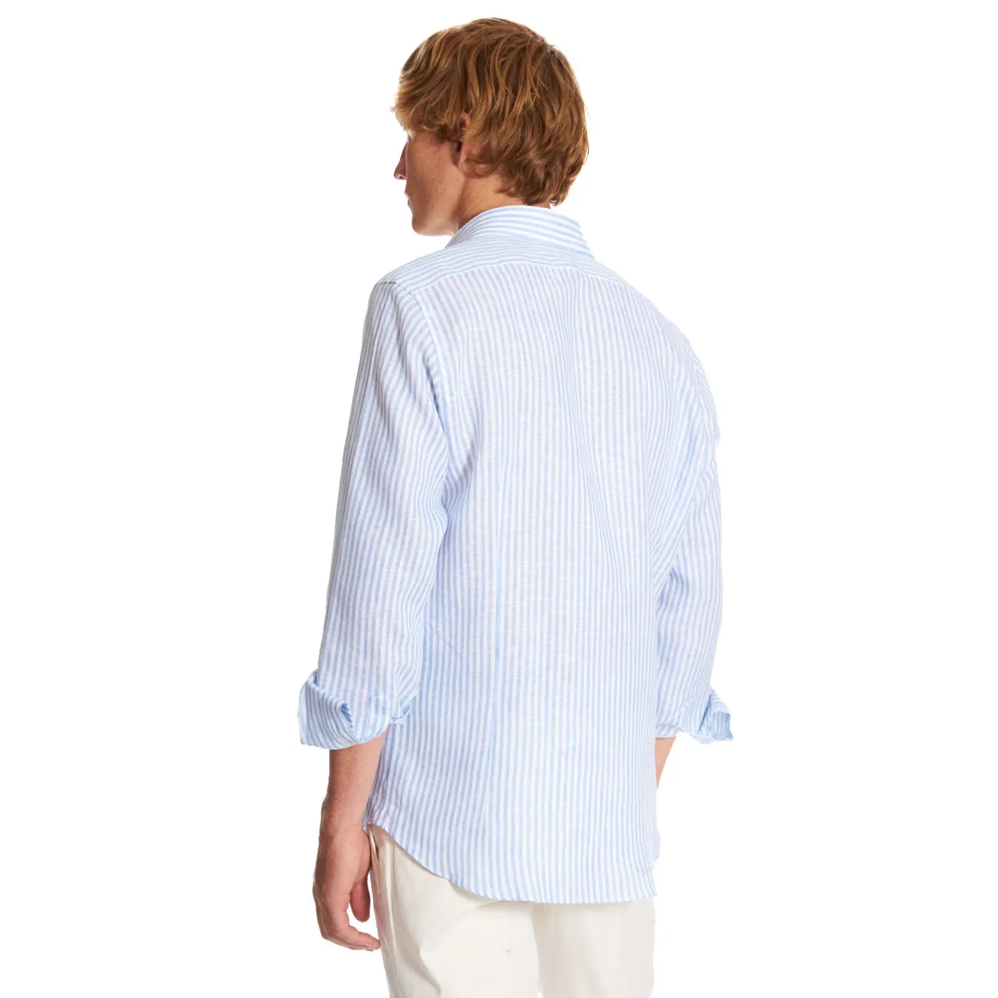 E.Marinella CAMICIA IN LINO BIANCA E AZZURRA Rigata Outlet