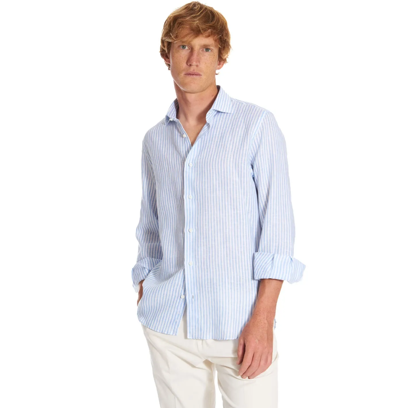 E.Marinella CAMICIA IN LINO BIANCA E AZZURRA Rigata Outlet