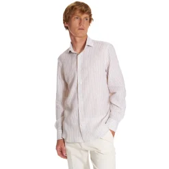 E.Marinella CAMICIA IN LINO BIANCA E BEIGE Rigata Outlet