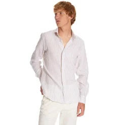 E.Marinella CAMICIA IN LINO BIANCA E BEIGE Rigata Outlet