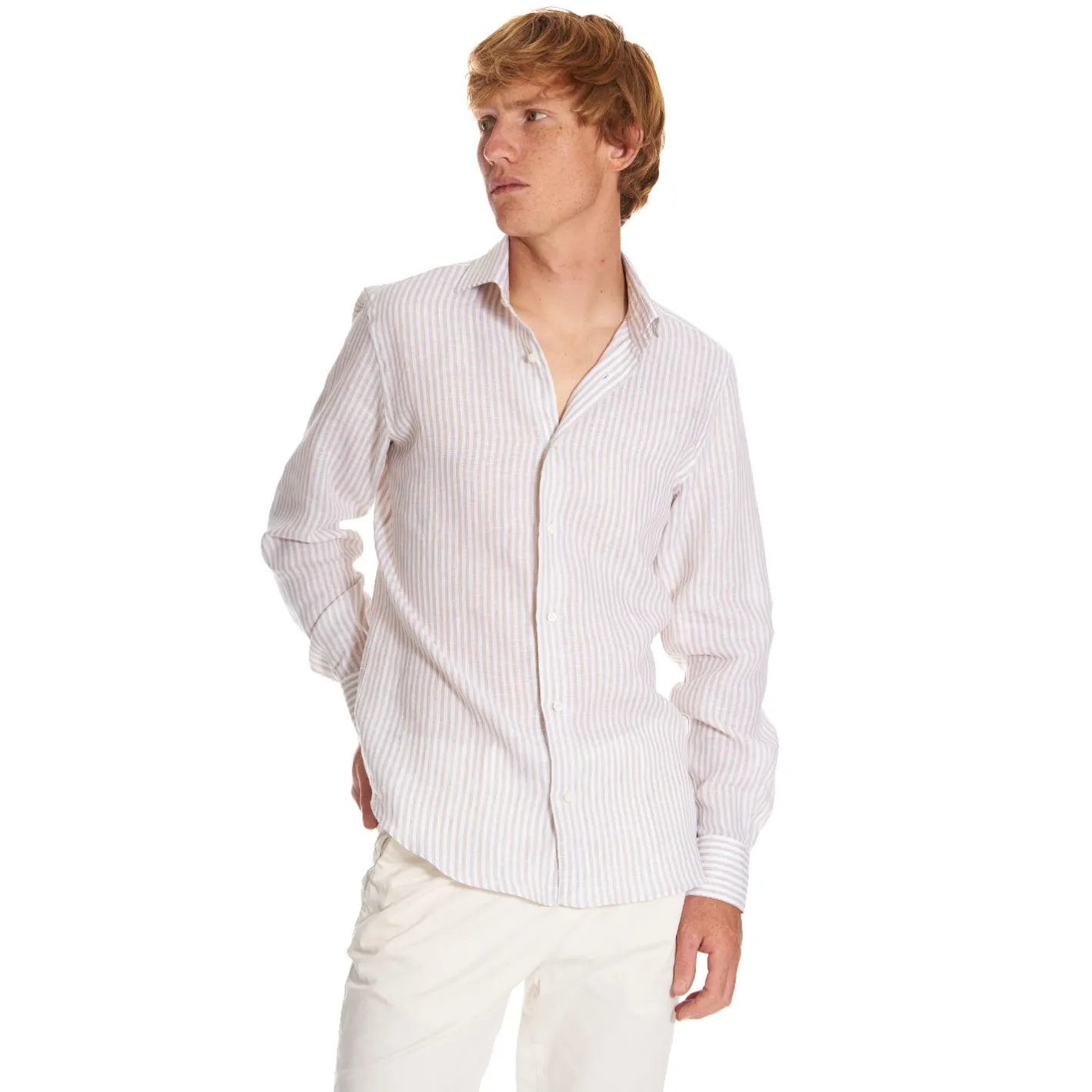 E.Marinella CAMICIA IN LINO BIANCA E BEIGE Rigata Outlet