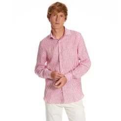 E.Marinella CAMICIA IN LINO BIANCA E BORDEAUX Rigata Online