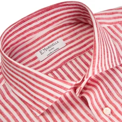 E.Marinella CAMICIA IN LINO BIANCA E BORDEAUX Rigata Online