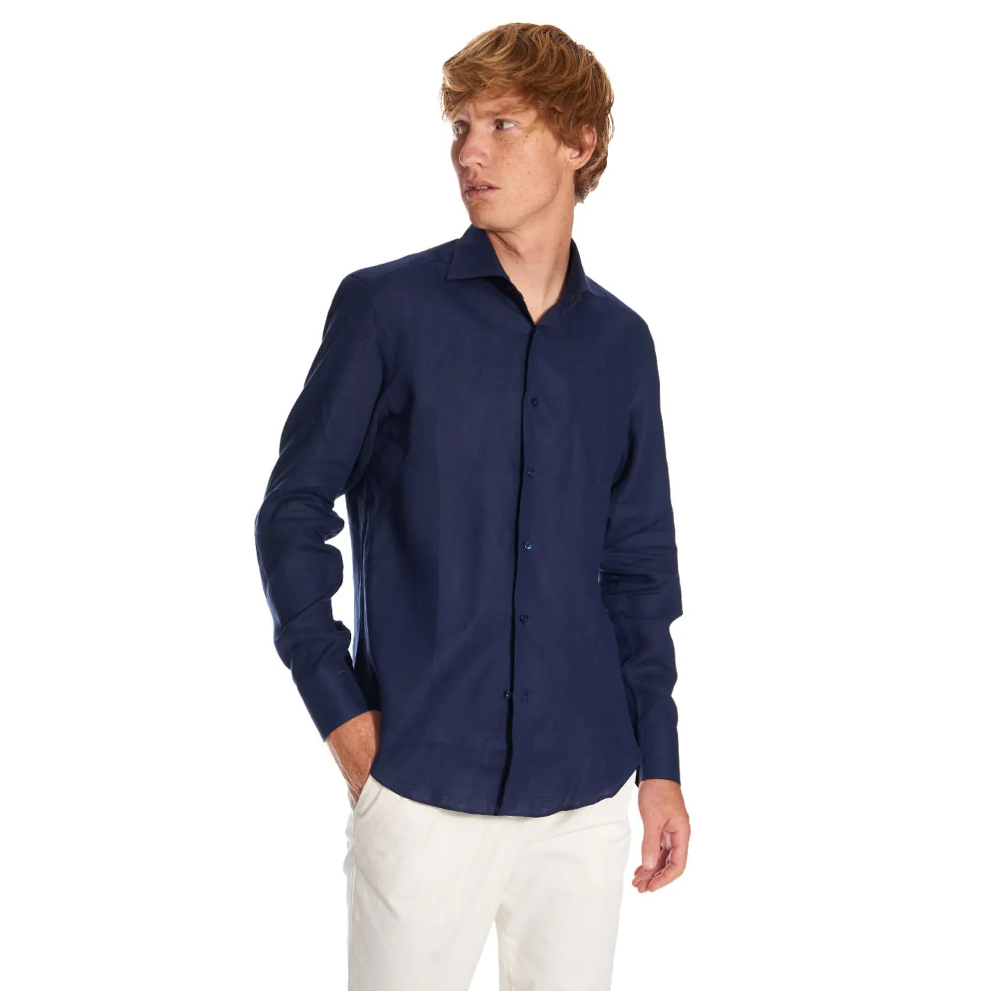 E.Marinella CAMICIA IN LINO BLU NOTTE Con bottoni in madreperla Hot