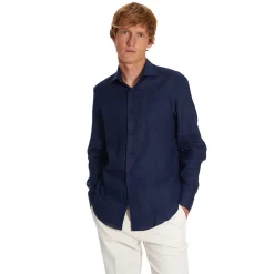 E.Marinella CAMICIA IN LINO BLU NOTTE Con bottoni in madreperla Hot