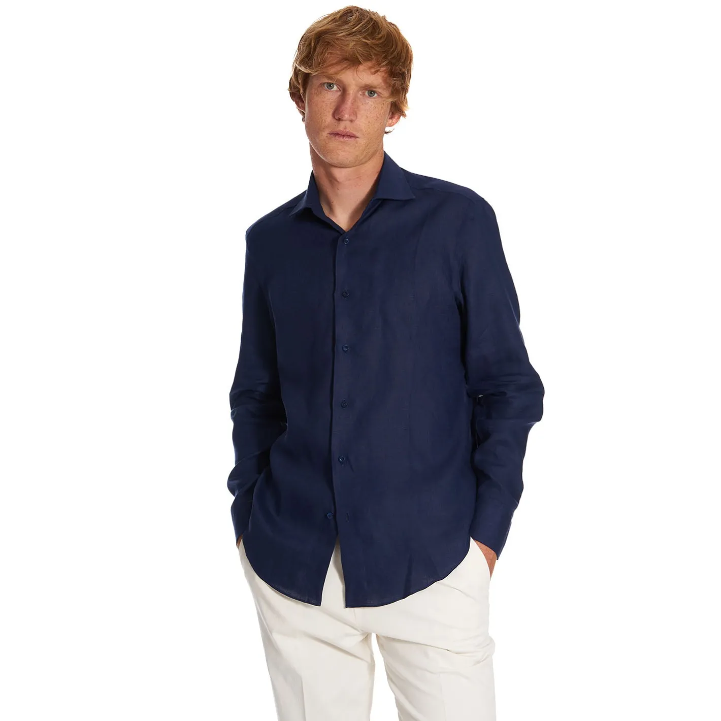 E.Marinella CAMICIA IN LINO BLU NOTTE Con bottoni in madreperla Hot