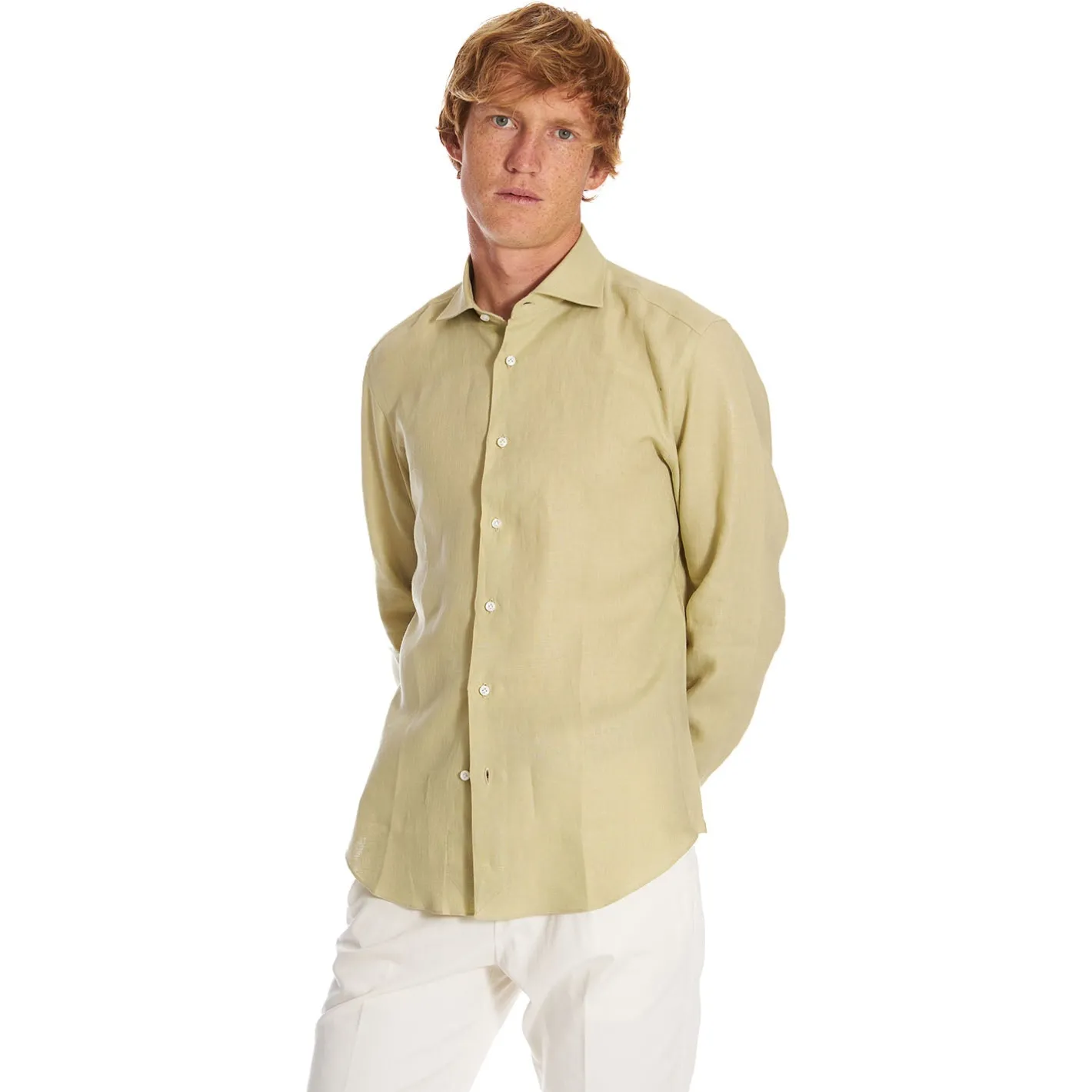 E.Marinella CAMICIA IN LINO VERDE CHIARO Con bottoni in madreperla