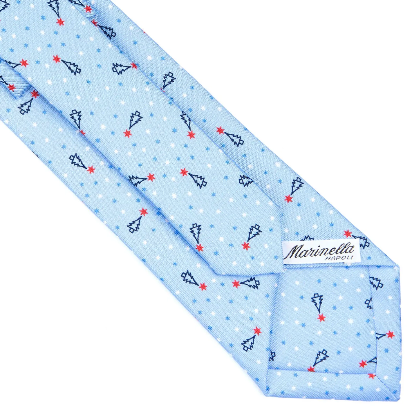 E.Marinella CRAVATTA SARTORIALE CLASSICA IN SETA AZZURRA Disegno natalizio New