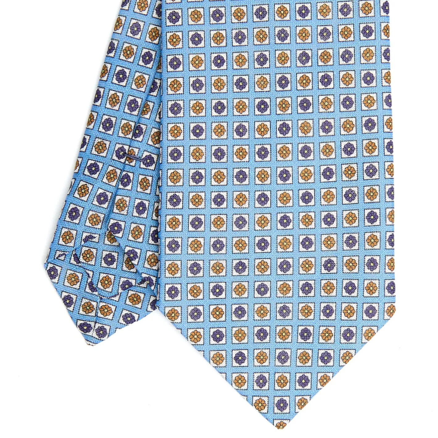 E.Marinella CRAVATTA SARTORIALE IN LINO AZZURRA Microfantasia fiore Clearance