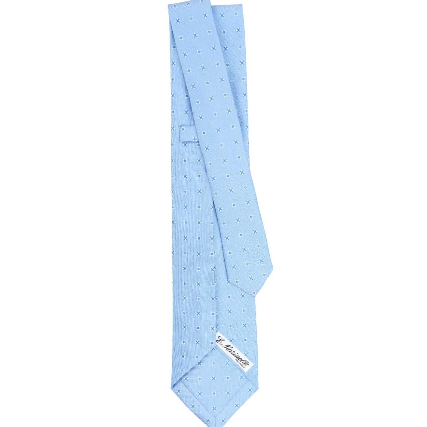 E.Marinella CRAVATTA SARTORIALE 5 PIEGHE IN SETA AZZURRA Microfantasia fiore New