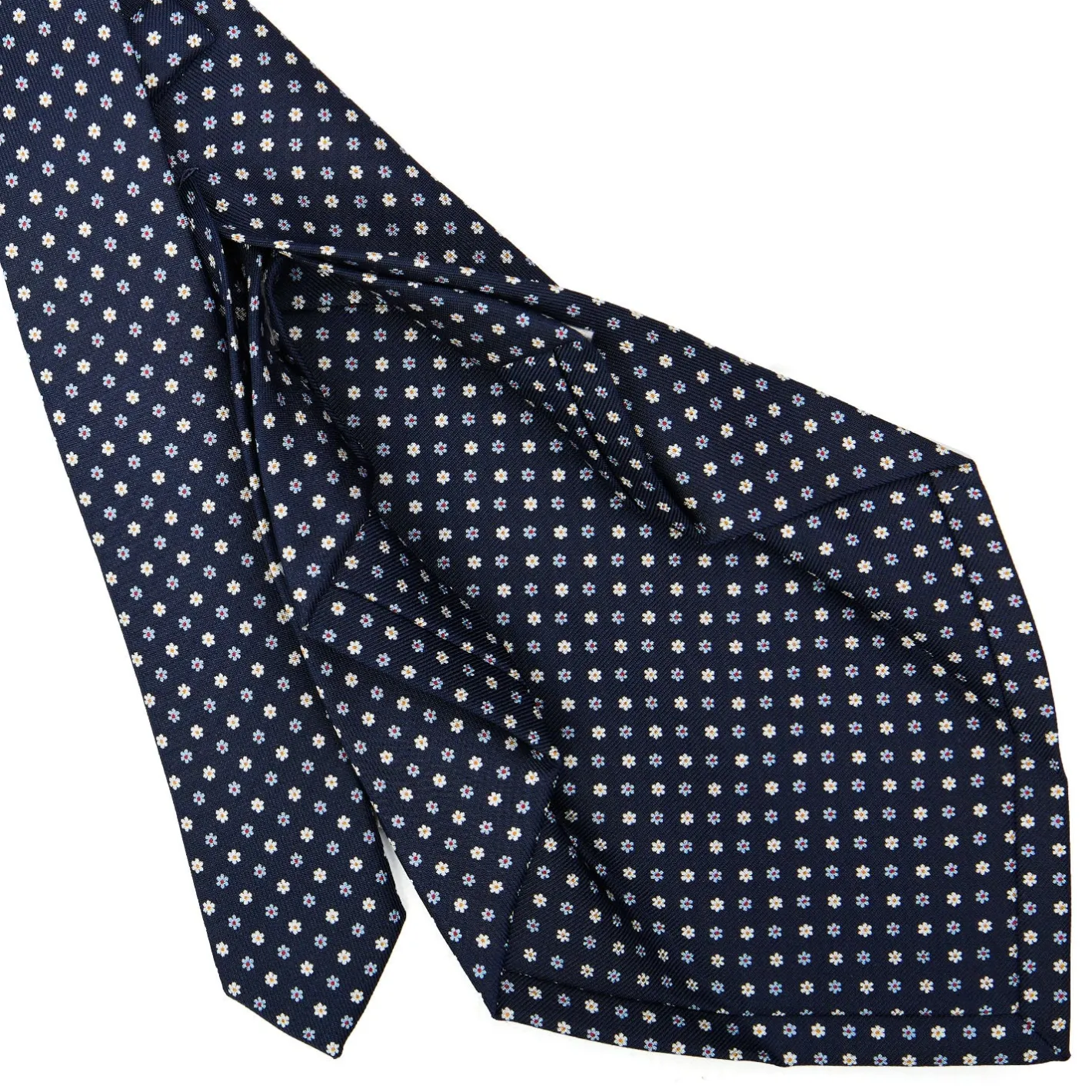 E.Marinella CRAVATTA SARTORIALE 7 PIEGHE IN SETA BLU SCURO Microfantasia fiore New