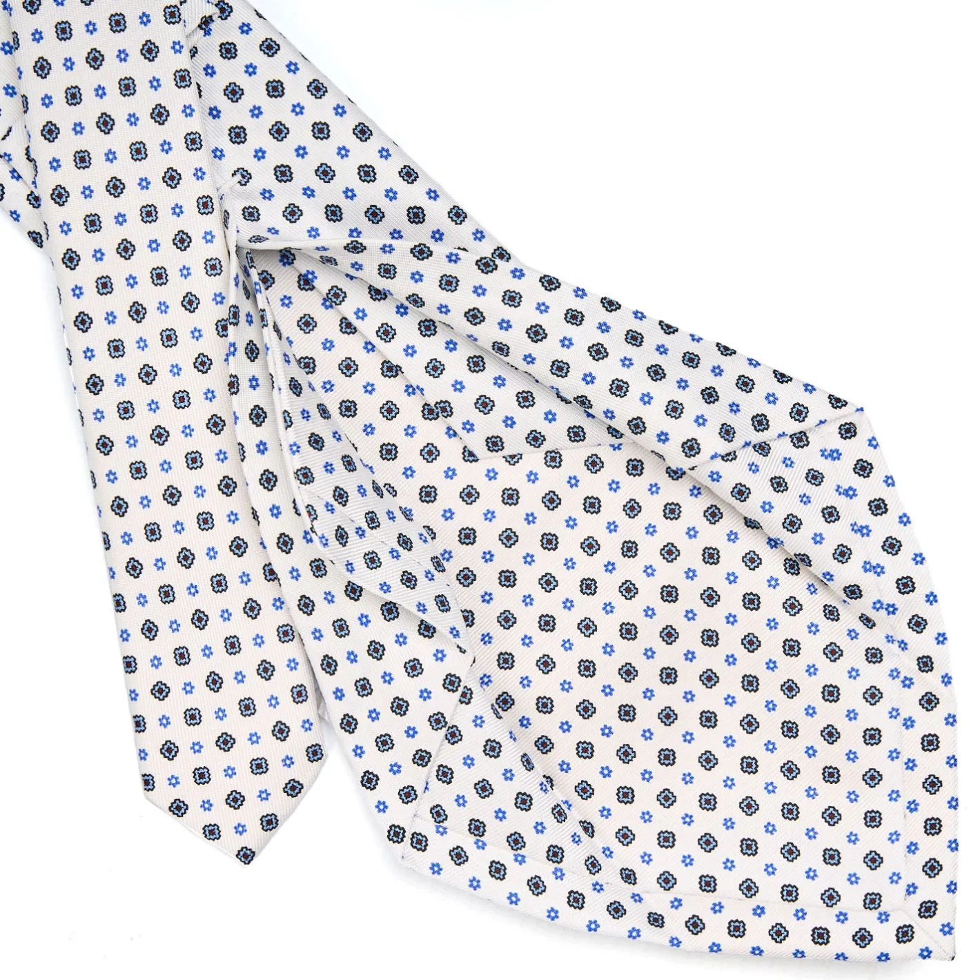 E.Marinella CRAVATTA SARTORIALE 5 PIEGHE IN SETA BIANCA Microfantasia fiore Outlet