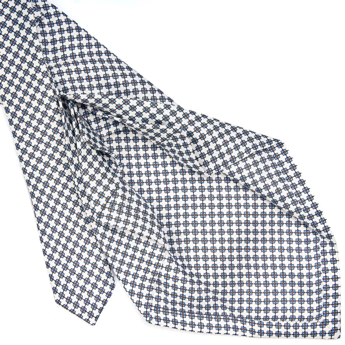 E.Marinella CRAVATTA SARTORIALE 7 PIEGHE IN SETA BIANCA Microfantasia fiore Clearance