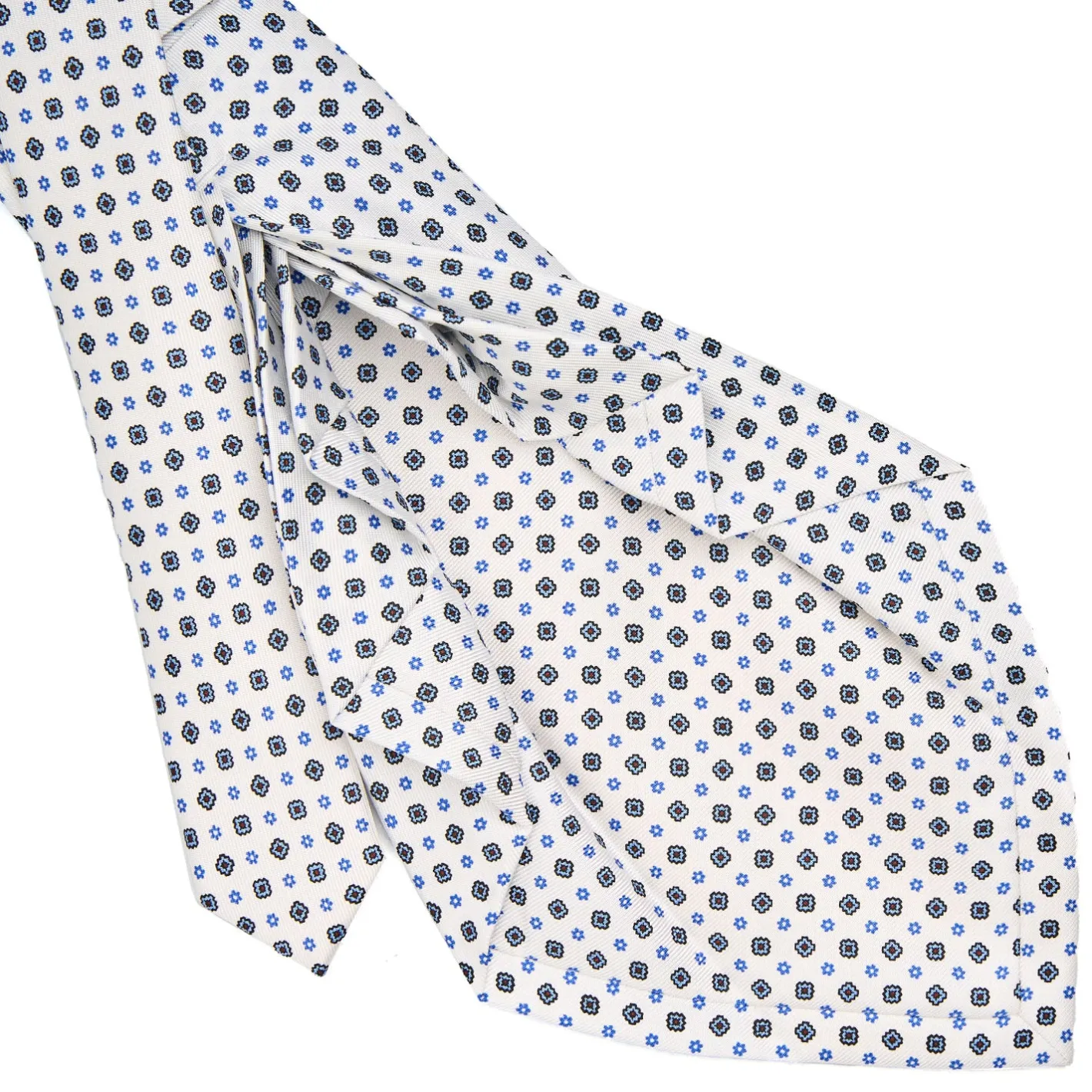 E.Marinella CRAVATTA SARTORIALE 9 PIEGHE IN SETA BIANCA Microfantasia fiore Clearance