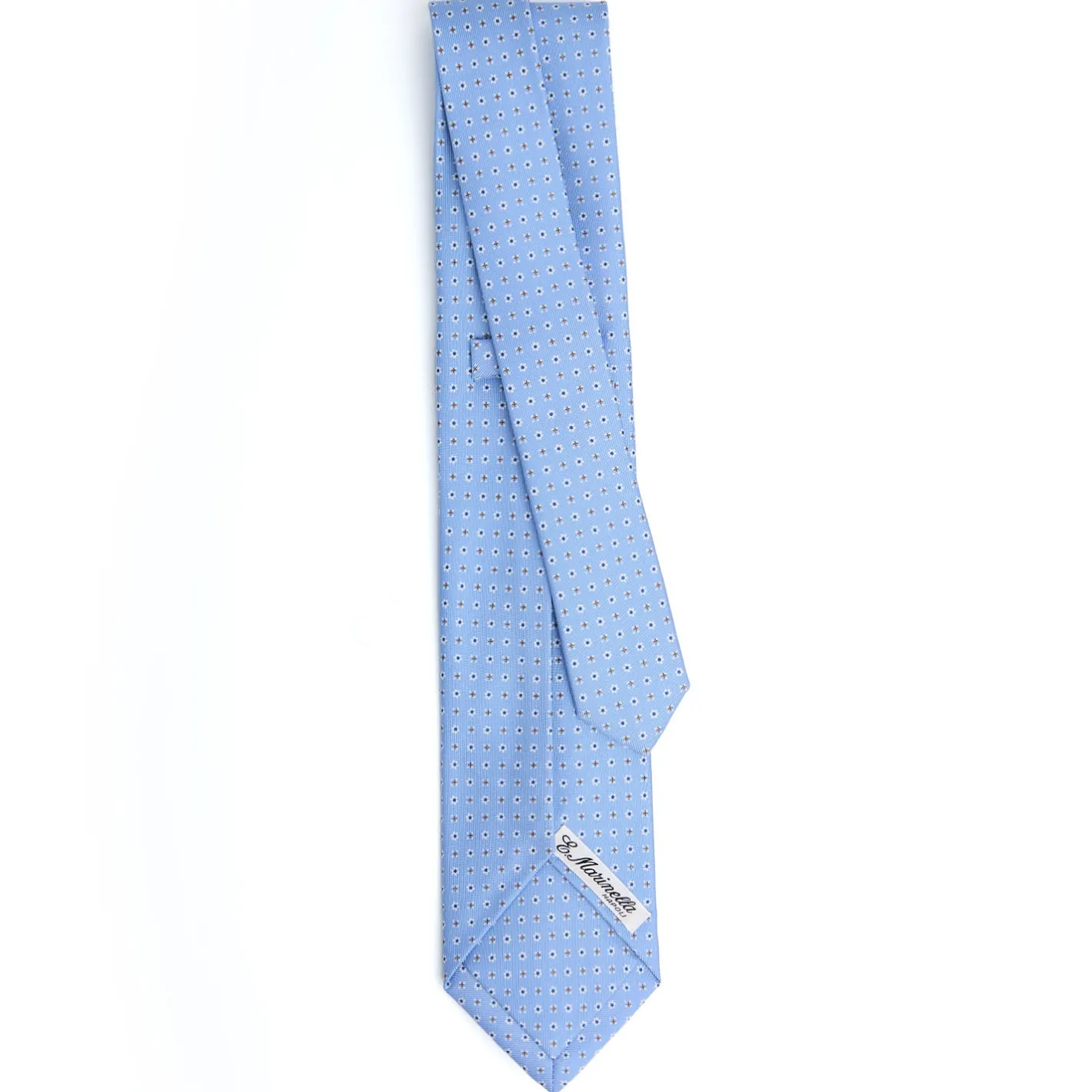 E.Marinella CRAVATTA SARTORIALE 5 PIEGHE IN SETA AZZURRA Microfantasia fiore Discount