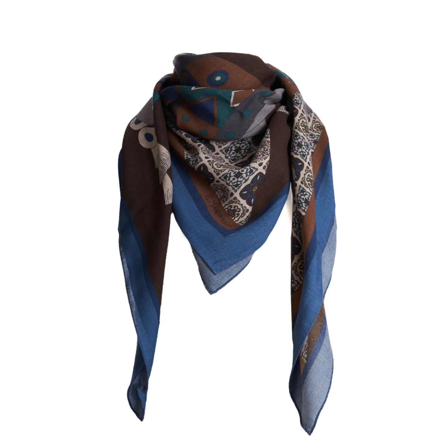 E.Marinella FOULARD BLUETTE E MARRONE SCURO IN LANA Motivo etnico Online