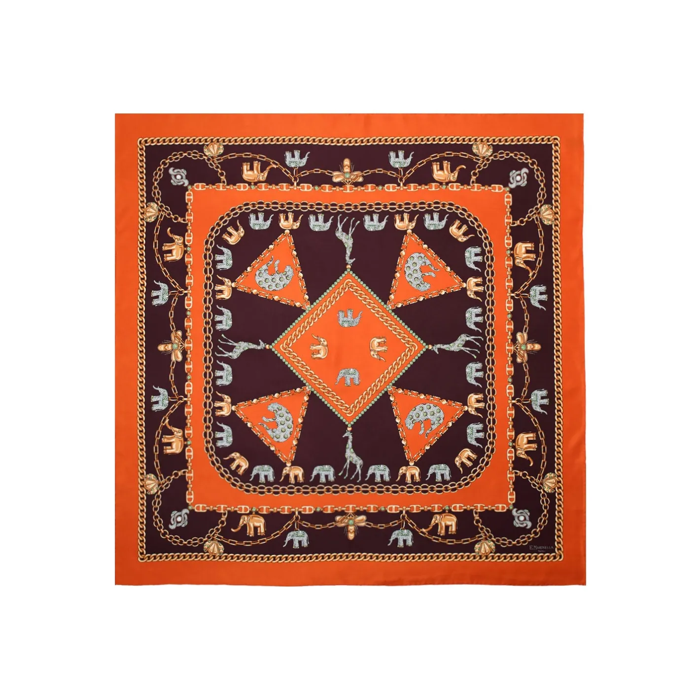 E.Marinella FOULARD IN SETA 90 ARANCIONE Elefanti portafortuna Outlet