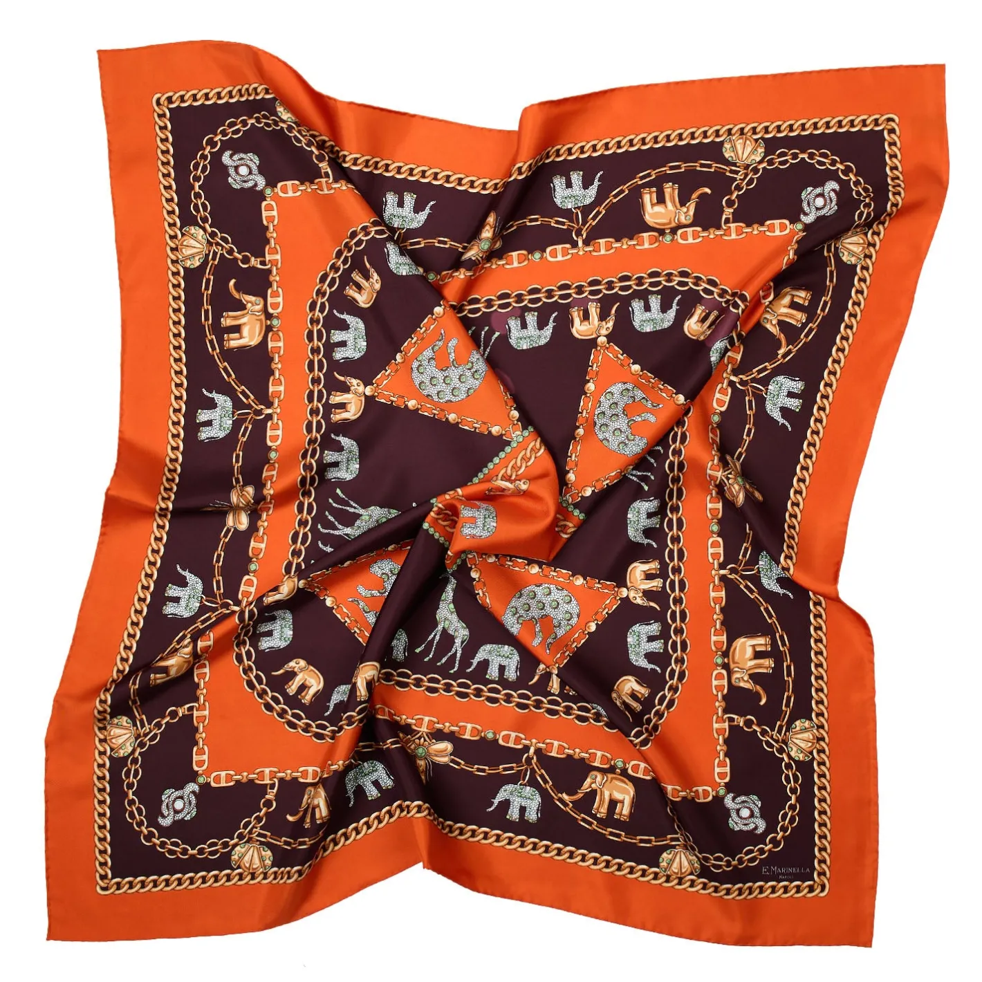 E.Marinella FOULARD IN SETA 90 ARANCIONE Elefanti portafortuna Outlet