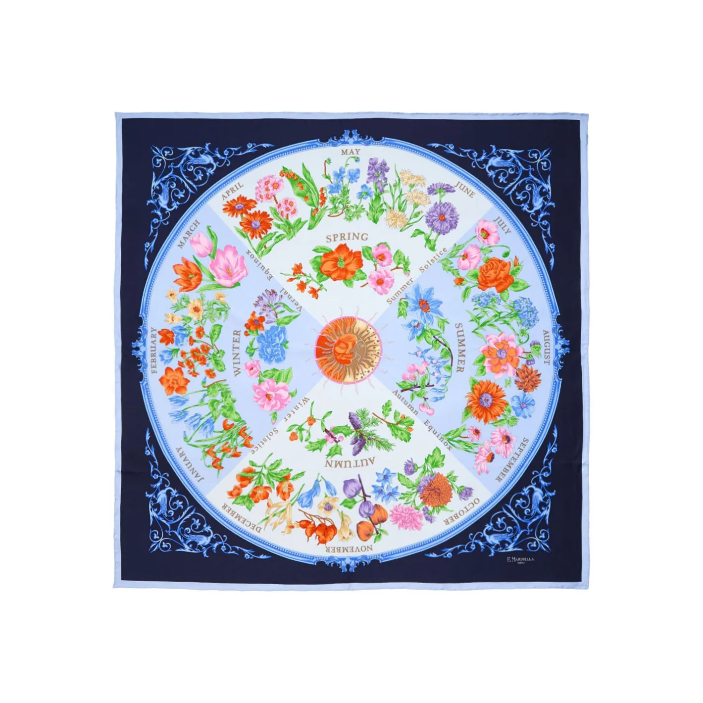 E.Marinella FOULARD IN SETA 90 AZZURRO La ruota delle stagioni Online