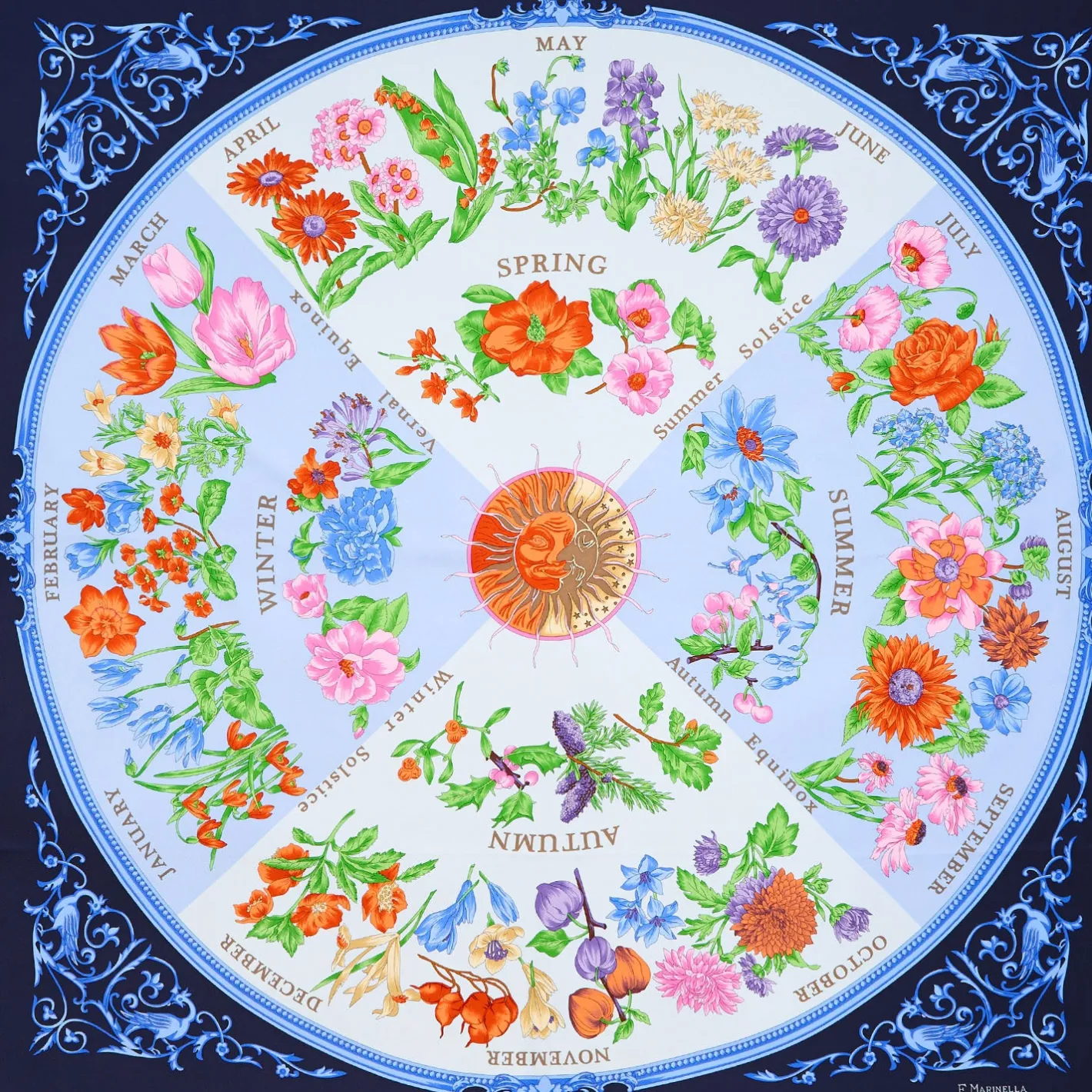 E.Marinella FOULARD IN SETA 90 AZZURRO La ruota delle stagioni Online