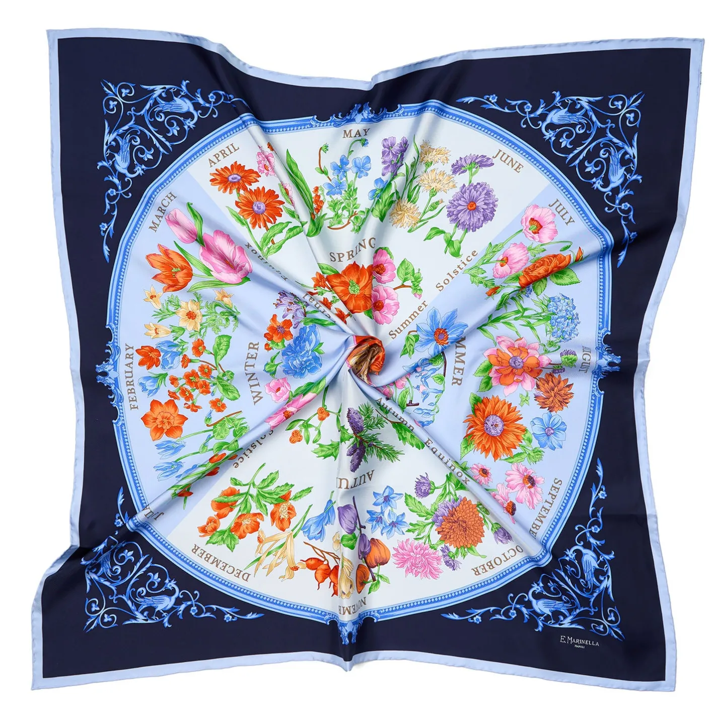 E.Marinella FOULARD IN SETA 90 AZZURRO La ruota delle stagioni Online