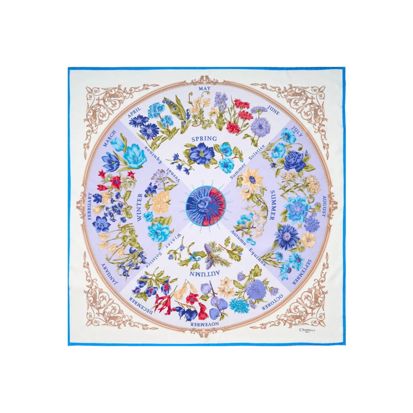 E.Marinella FOULARD IN SETA 90 AZZURRO La ruota delle stagioni Outlet