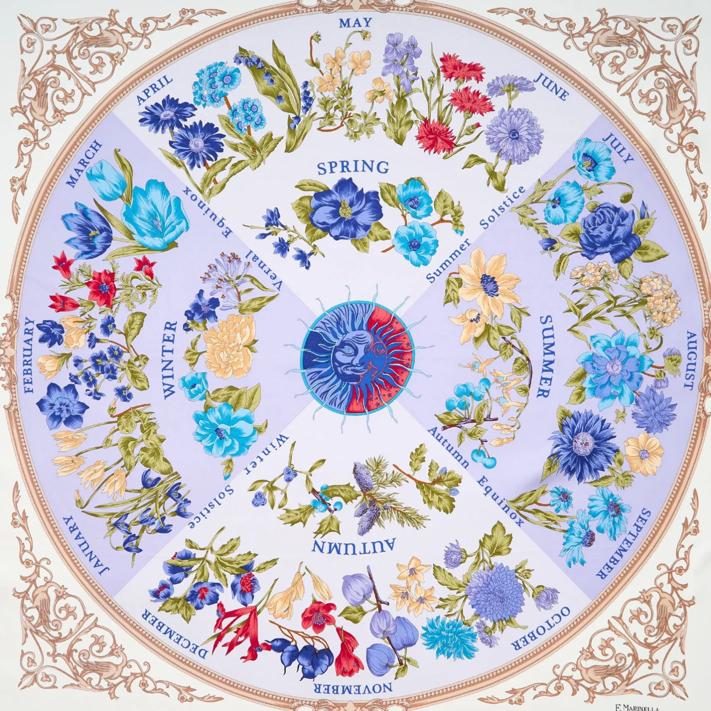 E.Marinella FOULARD IN SETA 90 AZZURRO La ruota delle stagioni Outlet
