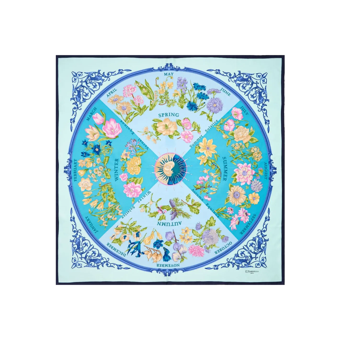 E.Marinella FOULARD IN SETA 90 BLU La ruota delle stagioni New