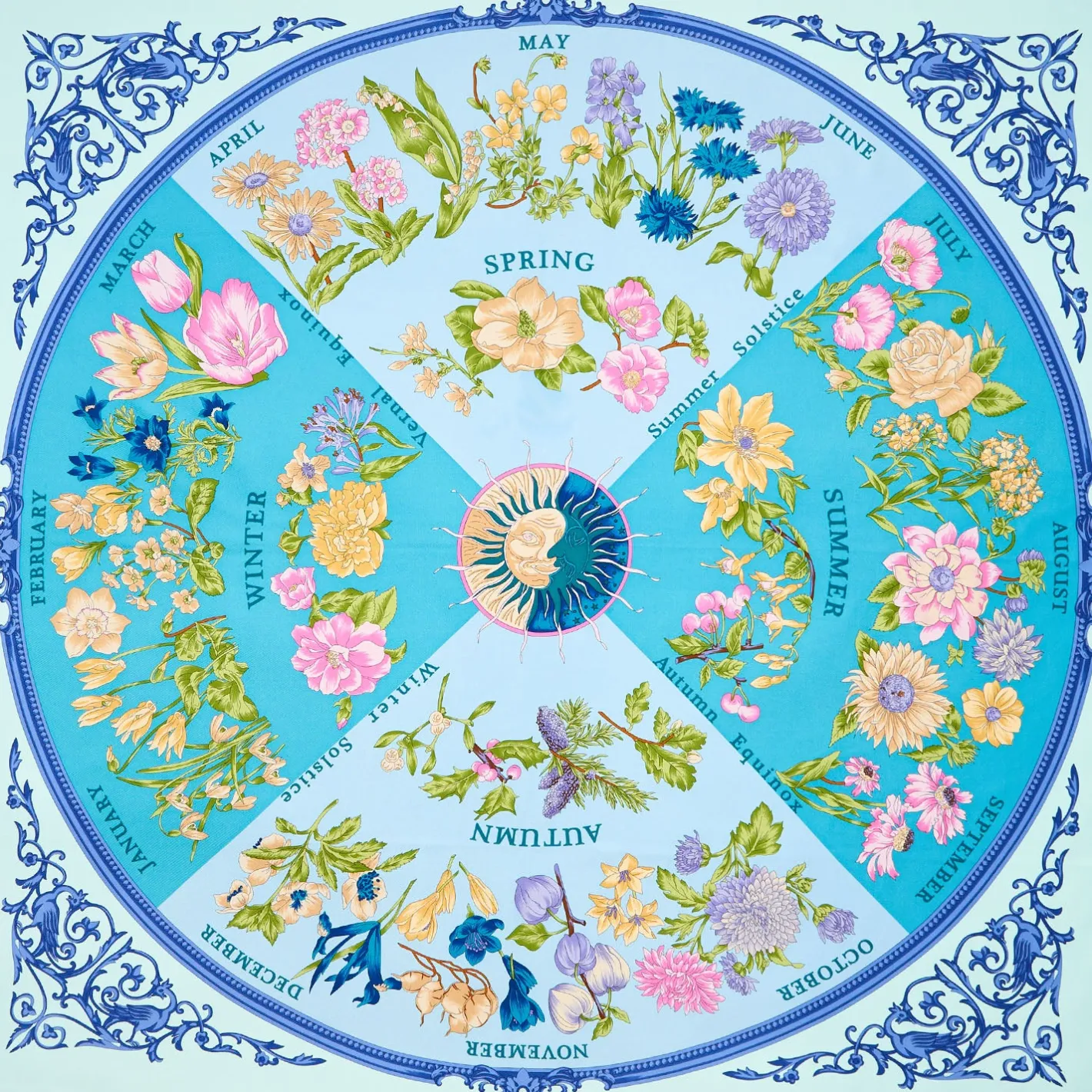 E.Marinella FOULARD IN SETA 90 BLU La ruota delle stagioni New