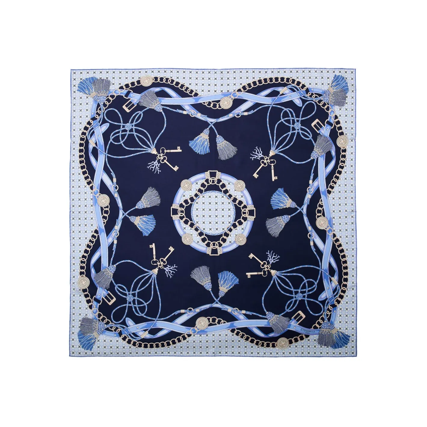 E.Marinella FOULARD IN SETA 90 BLU Microfantasia, nappine e chiavi