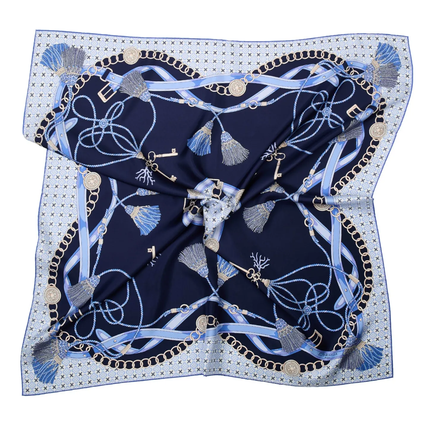 E.Marinella FOULARD IN SETA 90 BLU Microfantasia, nappine e chiavi