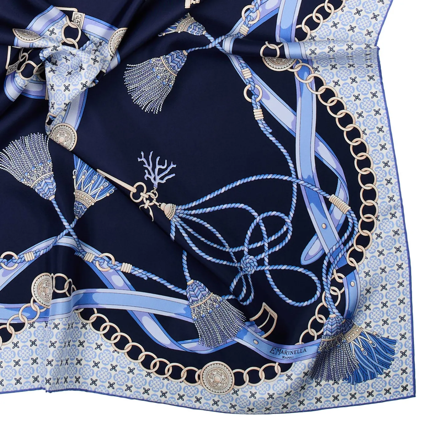 E.Marinella FOULARD IN SETA 90 BLU Microfantasia, nappine e chiavi