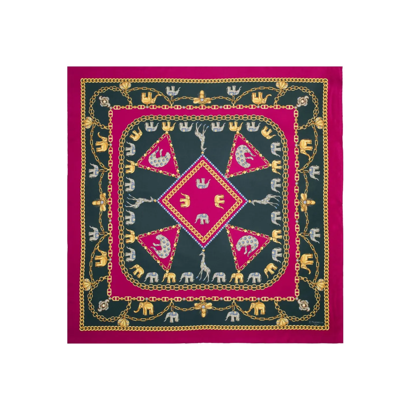 E.Marinella FOULARD IN SETA 90 FUCSIA Elefanti portafortuna New