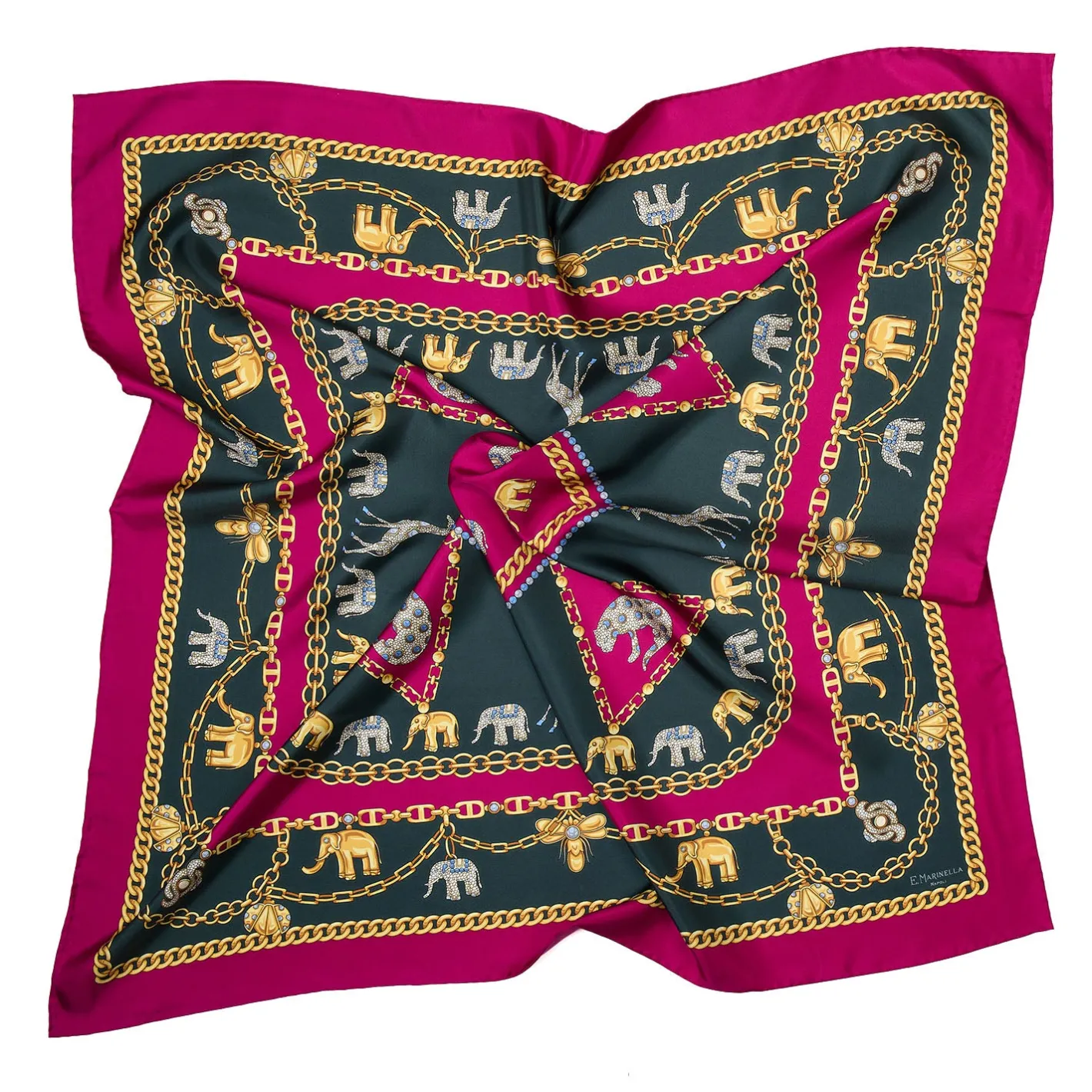 E.Marinella FOULARD IN SETA 90 FUCSIA Elefanti portafortuna New