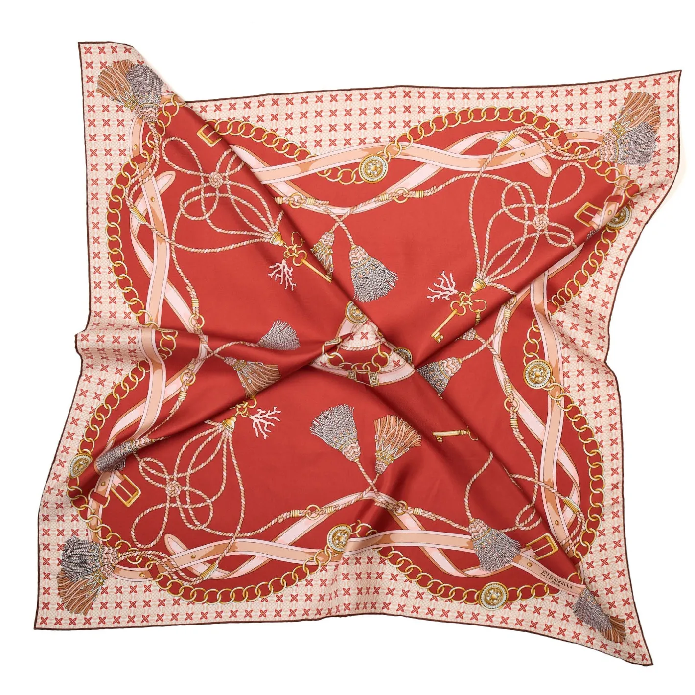 E.Marinella FOULARD IN SETA 90 MARRONE CHIARO Microfantasia, nappine e chiavi Clearance