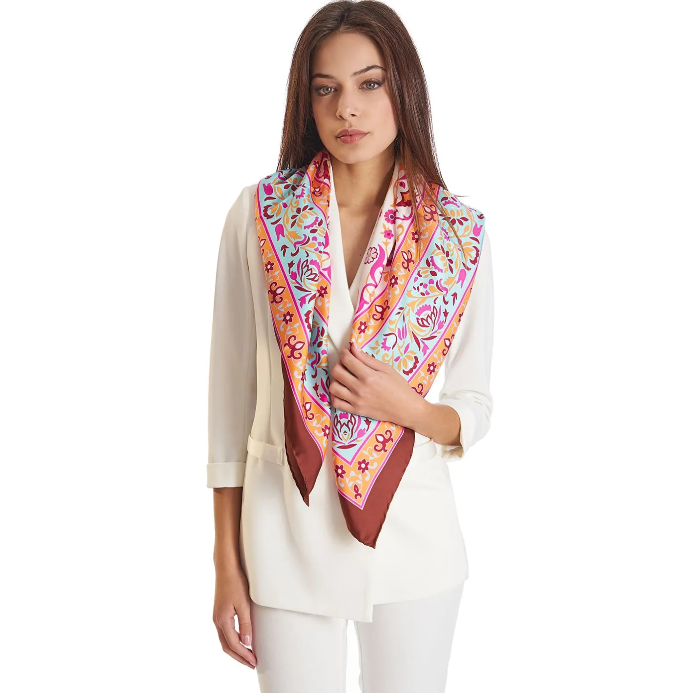 E.Marinella FOULARD IN SETA 90 MARRONE Motivo damascato Sale