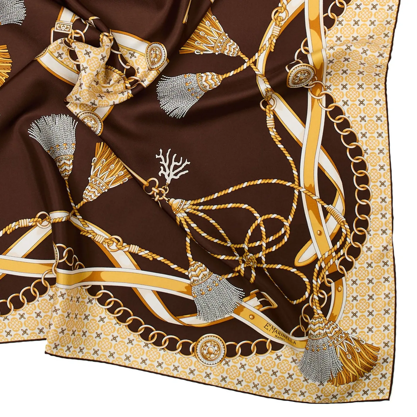 E.Marinella FOULARD IN SETA 90 MARRONE SCURO Microfantasia, nappine e chiavi Outlet