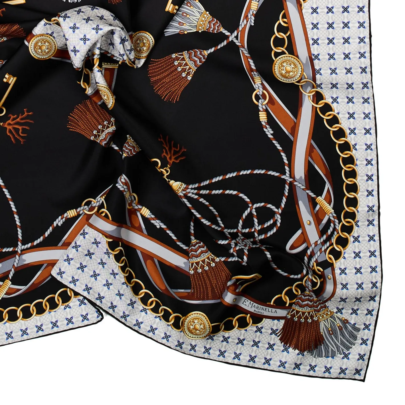 E.Marinella FOULARD IN SETA 90 NERO Microfantasia, nappine e chiavi Hot