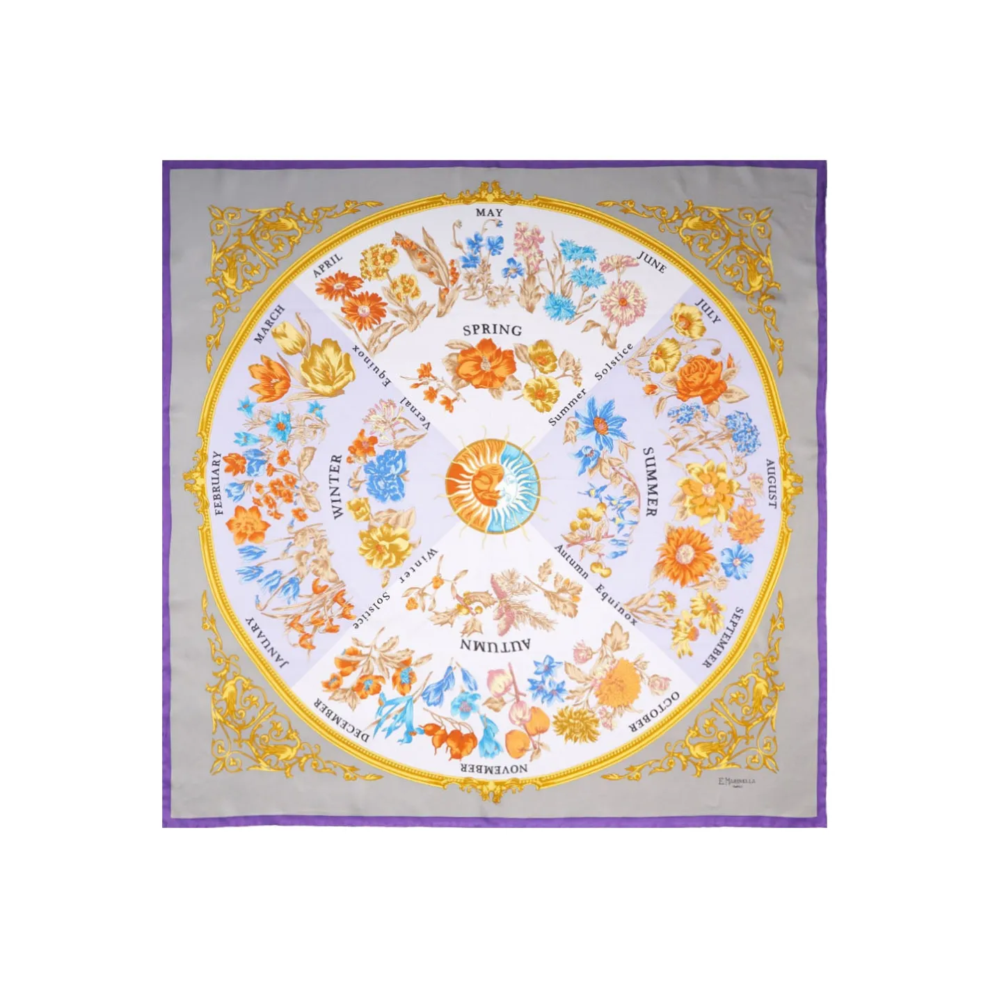E.Marinella FOULARD IN SETA 90 VIOLA E TORTORA La ruota delle stagioni Sale