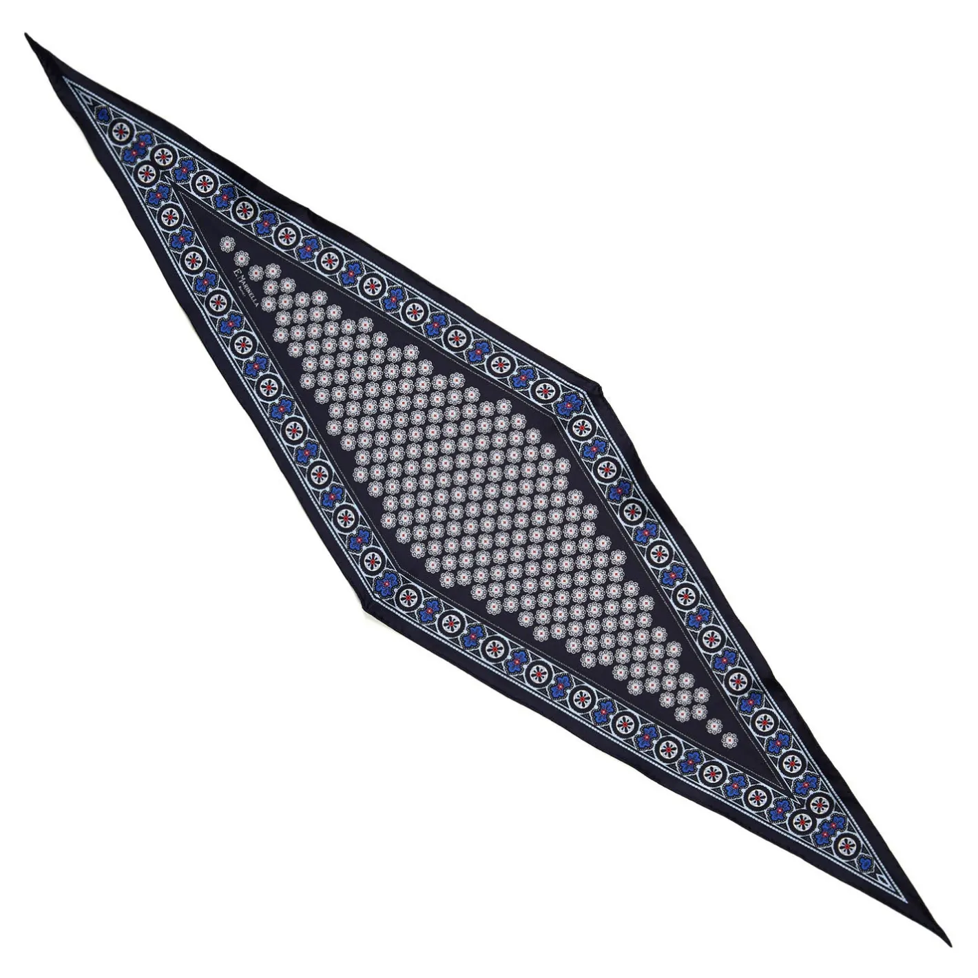 E.Marinella FOULARD ROMBO IN SETA BLU SCURO Microfantasia fiore Clearance