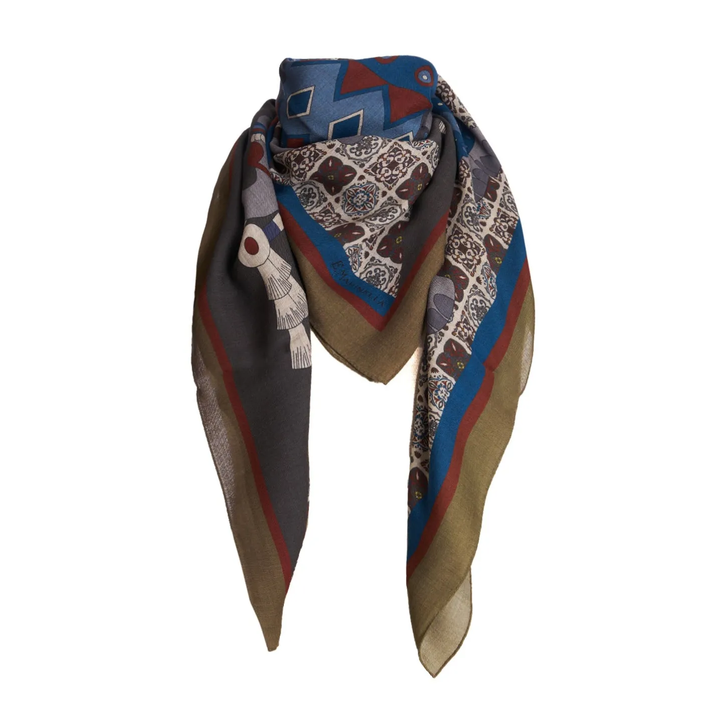 E.Marinella FOULARD VERDE CHIARO E GRIGIO IN LANA Motivo etnico New