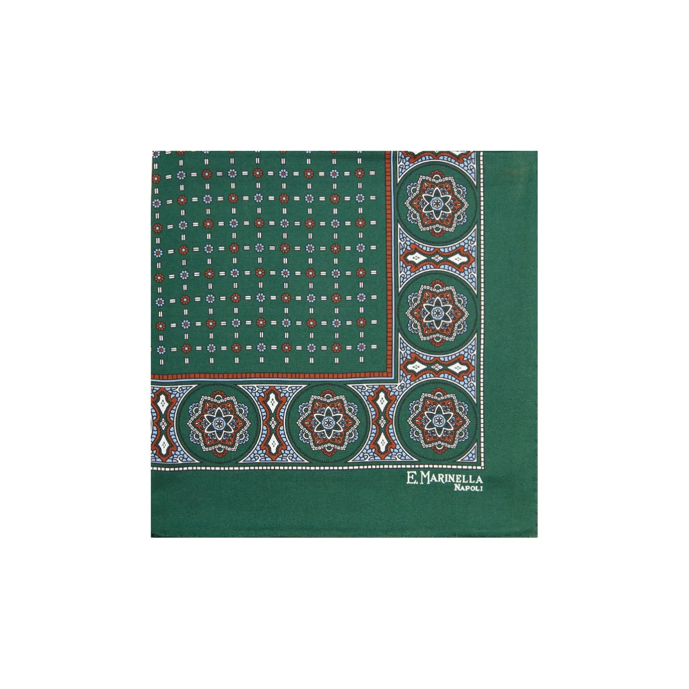 E.Marinella POCHETTE DA TASCHINO IN SETA STAMPATA A MANO VERDE SCURO Microfantasia fiore New
