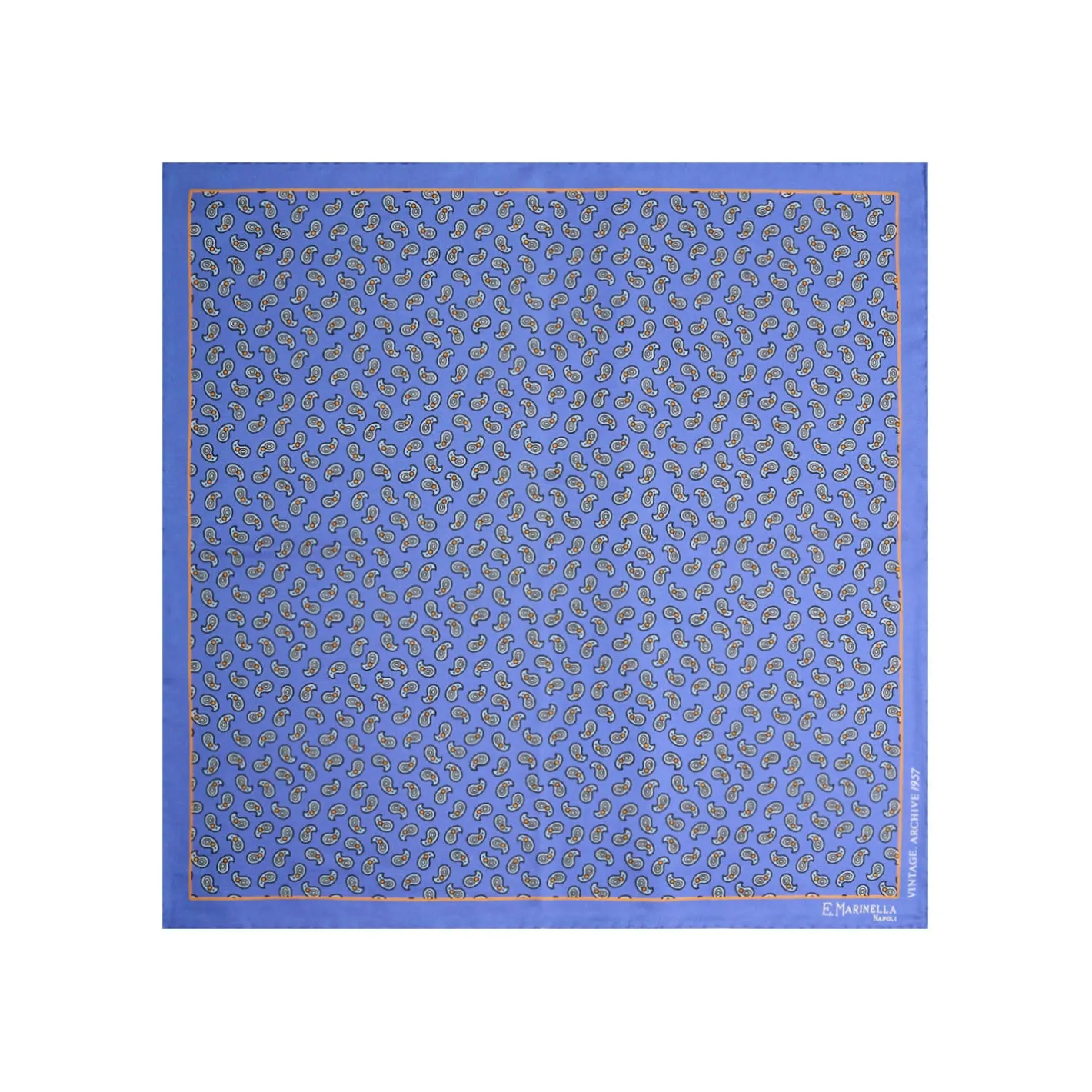 E.Marinella POCHETTE DA TASCHINO IN SETA STAMPATA A MANO AZZURRO POLVERE Fantasia archivio 1957 New